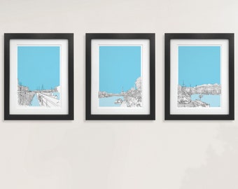 Bristol Blue Skies, Hand Drawn - Triptych | Bristol Illustration | Bristol Harbour Drawing | Bristol Print