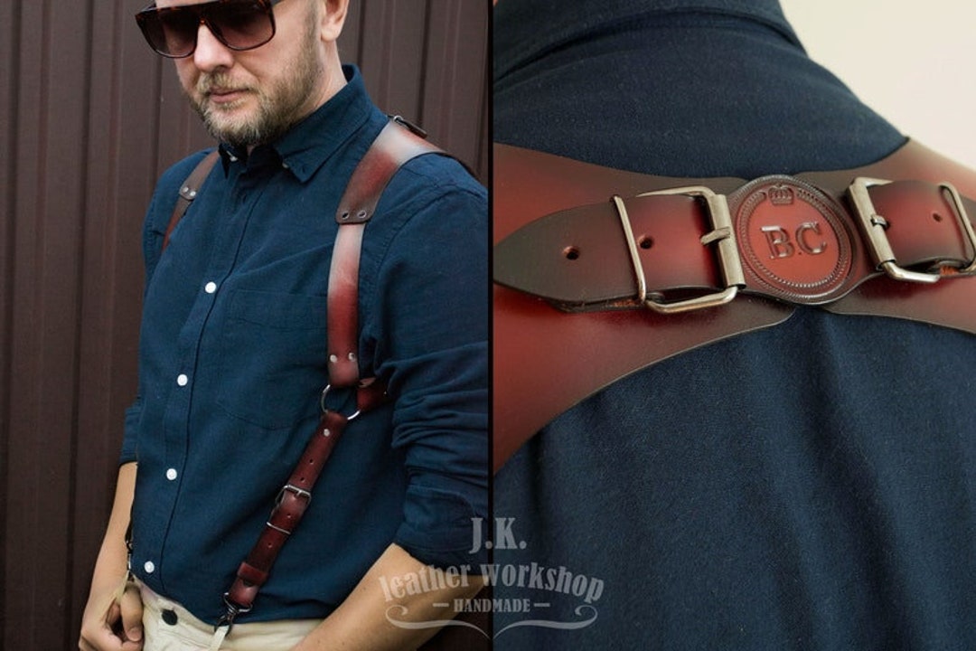 Leather Suspenders Men. Mens Leather Suspenders. Brown Leather