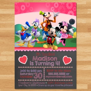 Mickey Mouse Clubhouse Invitation - Chalkboard Pink - Mickey Mouse Invite - Mickey Mouse Clubhouse Printables - Mickey Party Favors V1