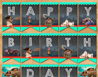 Moana Happy Birthday Banner - Chalkboard - Moana Birthday Banner - Princess Banner - Moana Printable - Moana Party - Moana Party Favors