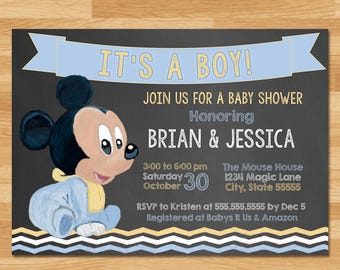 Baby Mickey Mouse Baby Shower Invitation - Chalkboard Blue Yellow - Baby Mickey Mouse Invite - Mickey Mouse Baby Shower Printables