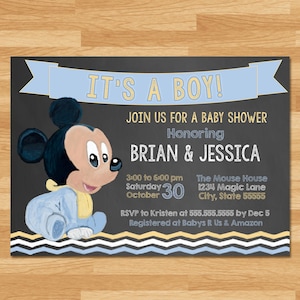 Baby Mickey Mouse Baby Shower Invitation - Chalkboard Blue Yellow - Baby Mickey Mouse Invite - Mickey Mouse Baby Shower Printables
