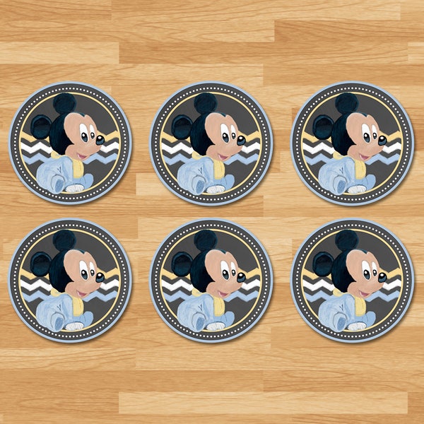 Baby Mickey Mouse Baby Shower Cupcake Toppers - Chalkboard - Mickey Mouse Baby Shower Favor Tags - Mickey Mouse Baby Shower Stickers