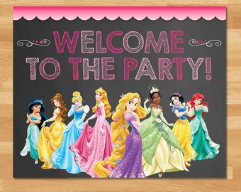 Disney Princess Welcome Birthday Sign - Chalkboard - Princess Birthday Door Sign - Princess Birthday Party - Princess Printables - 100478