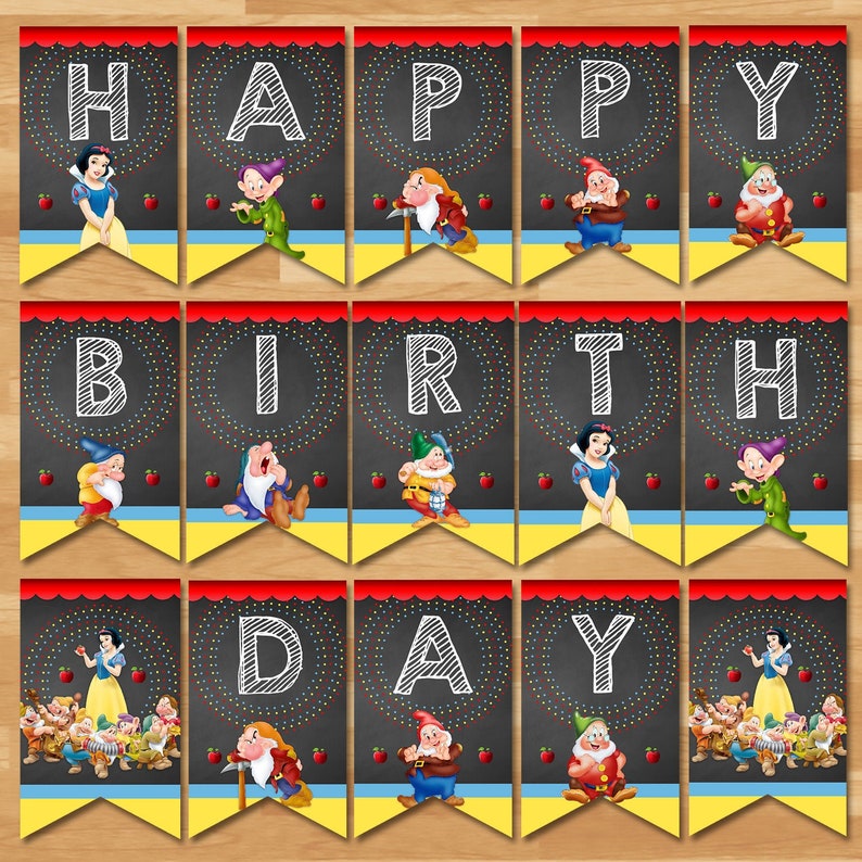 Snow White Happy Birthday Banner Snow White and 7 Dwarfs | Etsy