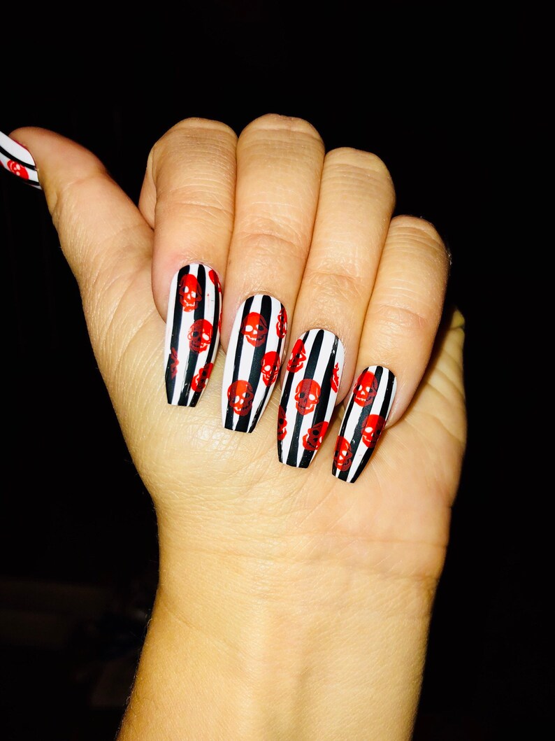 Skulls Stripes Nails False Nails Hand Painted Nails Etsy