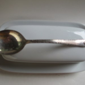 Altered White Ceramic Butter Dish with Tablespoon Handle