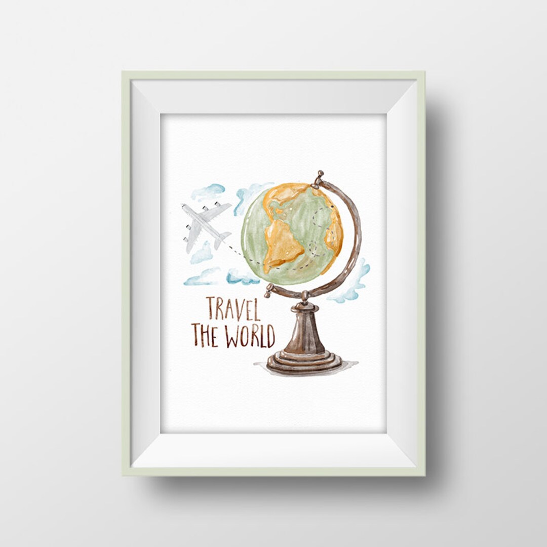 World Globe Wall Art, Travel the World, Quote Print, Vintage Globe