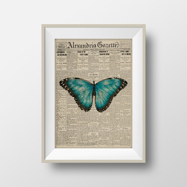 Old newspaper wall decor Book page art Vintage dictionary Butterfly on old page Blue butterfly poster Insect printable Upcycled book page