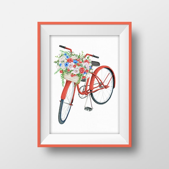 Bicycle with basket printable Bike wall art Bike print Red | Etsy