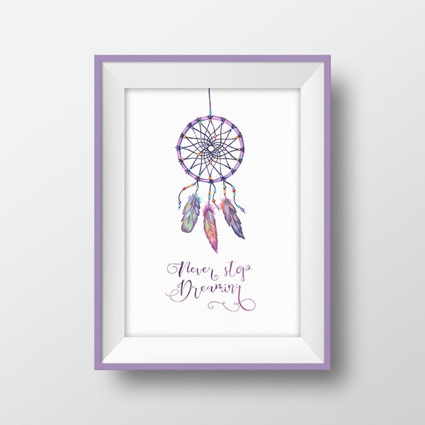 Dream catcher print Dreamcatcher poster Boho wall art decoration Dream catcher printable Never stop dreaming quote Light purple tribal decor