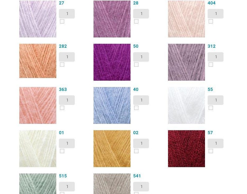 Puede incluir: Una carta de colores de muestras de hilo en varios tonos de morado, rosa, naranja, azul, blanco, rojo, verde y gris. Las muestras de hilo est&aacute;n dispuestas en una cuadr&iacute;cula con n&uacute;meros y la palabra "1" impresa debajo de cada muestra.