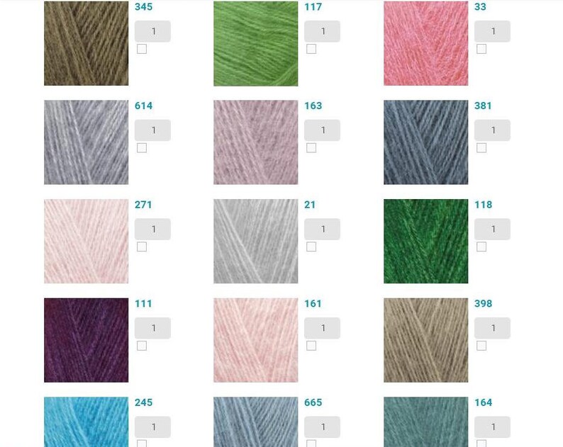 Puede incluir: Una carta de colores de muestras de hilo con n&uacute;meros correspondientes. Los colores incluyen verde, rosa, gris, azul, marr&oacute;n y morado.