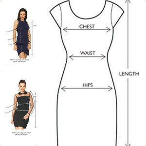 May include: Line drawing of a dress with measurements for chest, waist, hips, and length.
