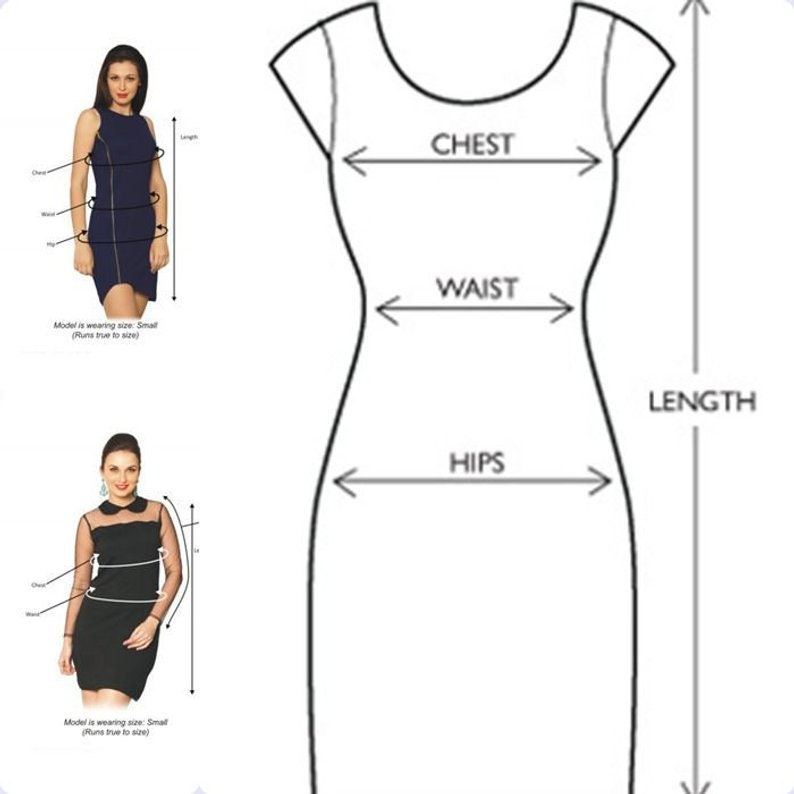 May include: Line drawing of a dress with measurements for chest, waist, hips, and length.