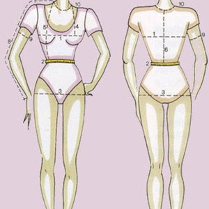 Puede incluir: Un dibujo de l&iacute;nea de una figura femenina con medidas marcadas en el cuerpo. La figura lleva un traje de ba&ntilde;o de una pieza rosa. Las medidas est&aacute;n marcadas en pulgadas.