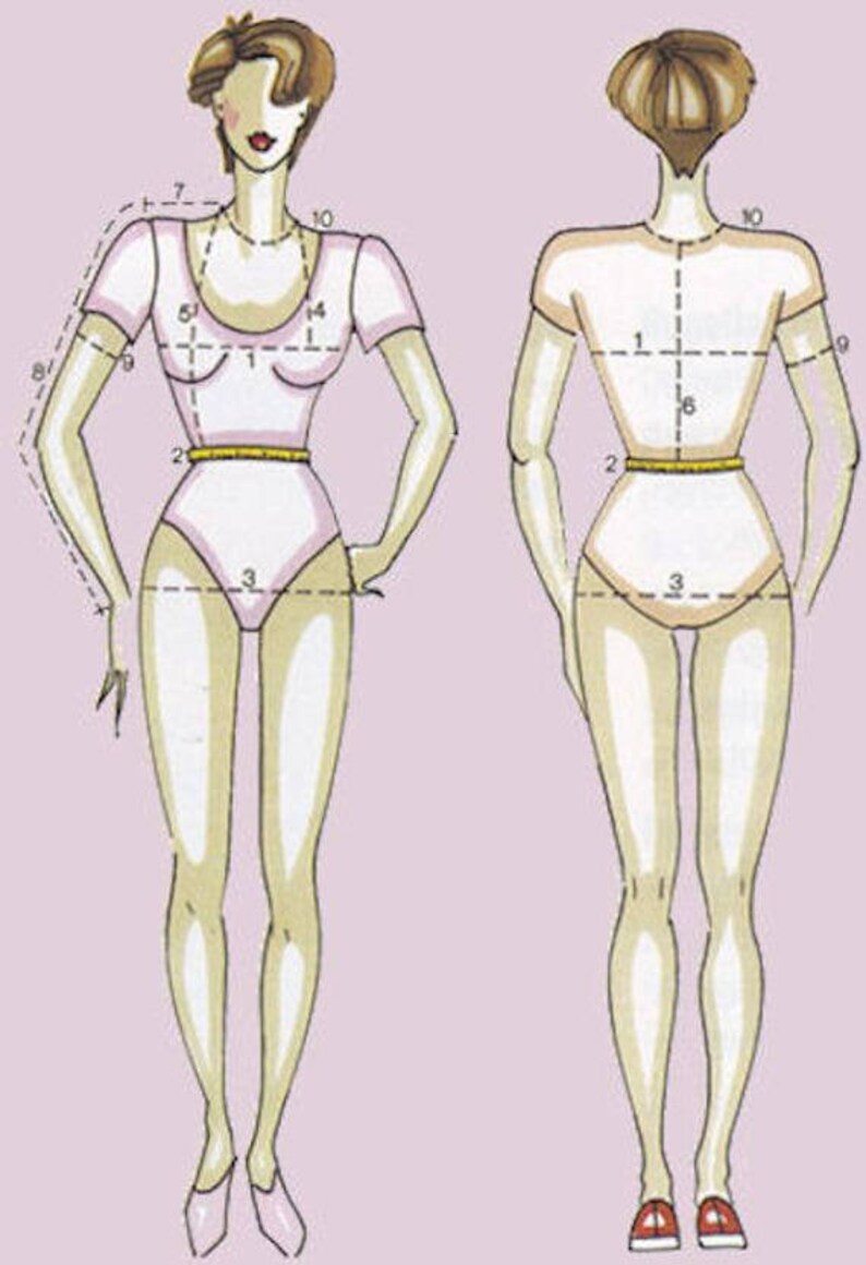 Puede incluir: Un dibujo de l&iacute;nea de una figura femenina con medidas marcadas en el cuerpo. La figura lleva un traje de ba&ntilde;o de una pieza rosa. Las medidas est&aacute;n marcadas en pulgadas.