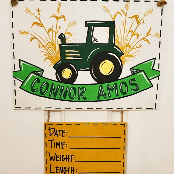 Tractor Hospital Door Hanger | Birth Stats Sign | Baby Birth Announcement | Baby Shower Gift | Personalized Baby Name Sign | Farming | Green