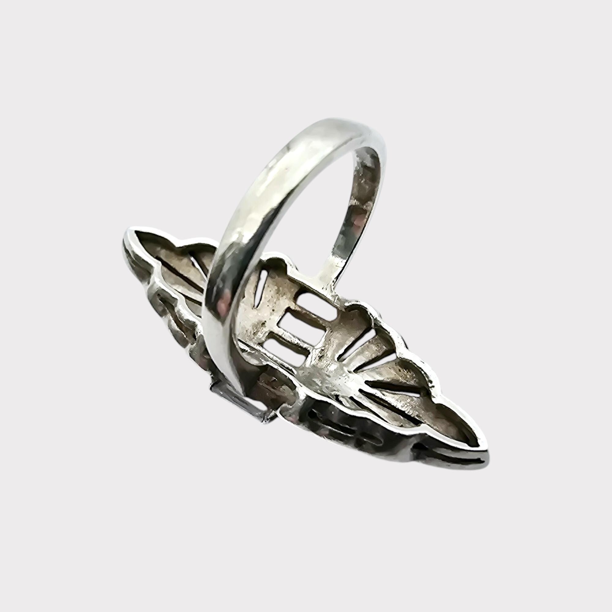 Bague Argent 925 Style Art Déco Avec Marcassites Noires - Taille 59 - Vintage Occasion