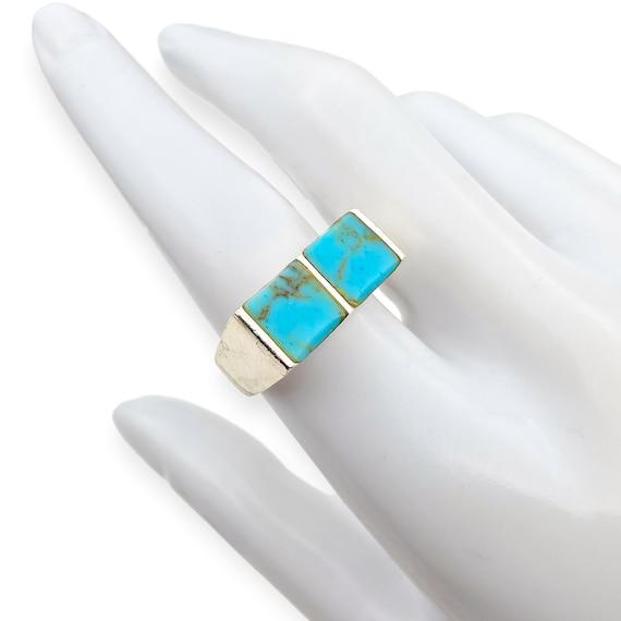 Vintage Silver Turquoise Ring Rectangular Inlay 7… - image 5