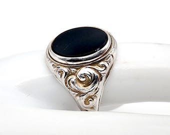 Men's Silver Ring With Black Onyx – Ornate Vintage Baroque Design