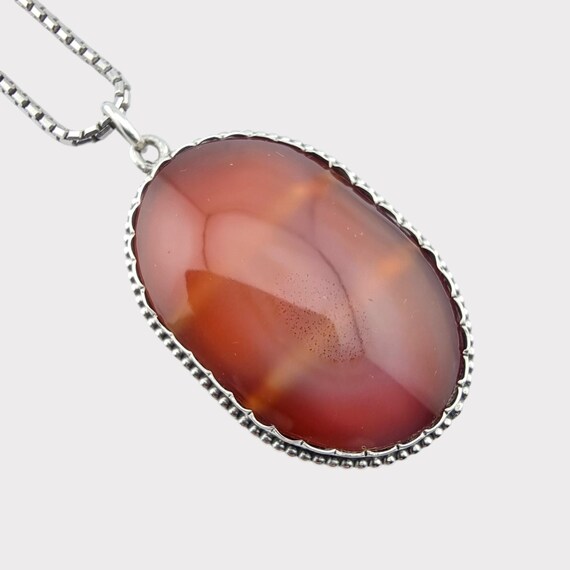 Collier Mi-long Vintage Années 70 - Cornaline Et Agate Avec Pendentif Métal Argenté - Longueur 60 Cm + Chaînette