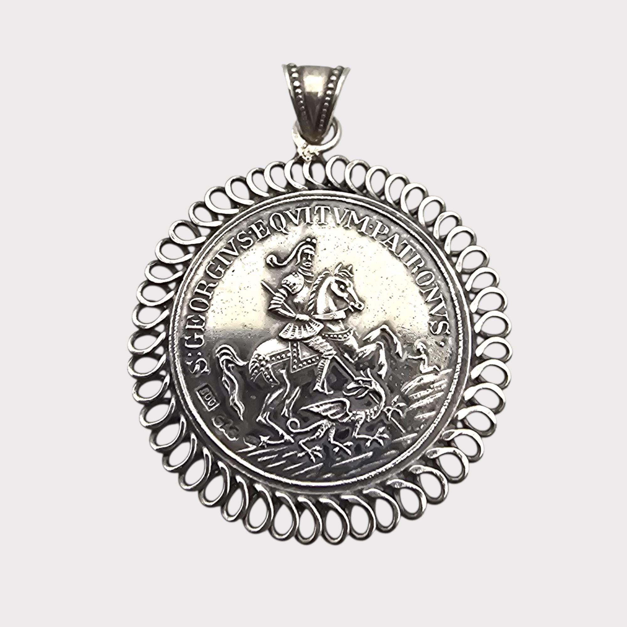 Pendentif double face vintage en argent 800 représentant Saint Georges et un voilier (42 x 32 mm)