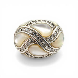 Vintage 925 Silver Mother of Pearl Cocktail Ring Size 60 (9.25) Teardrop Inlay Bombé Infinity Statement Fine Jewelry