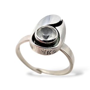Könnte beinhalten: Silberring mit ovaler Fassung, besetzt mit einem klaren, runden Edelstein. Der Ring hat ein strukturiertes Band und einen dünnen, verstellbaren Ring. Die Initialen "KL" sind auf dem Band eingraviert.