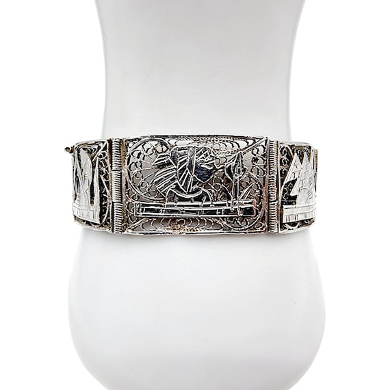Vintage Egyptian Revival Silver Panel Bracelet – Handmade Filigree