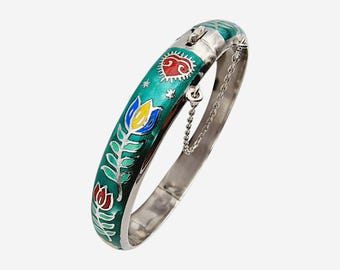 Vintage Sterling Silver Enamel Bangle Bracelet – Hungarian Folk Floral Motif – Hand Painted – 19 cm (7.5&quot;)