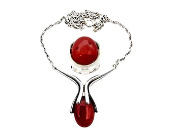 Vintage Silver Carnelian Set – Red Carnelian Pendant Necklace & Ring (Size 53 / US 6.5)