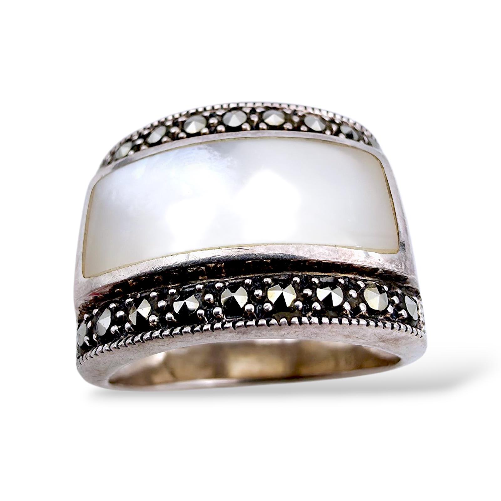 Bague Ancienne En Argent Massif 925 Et Nacre - Taille 56 - Vintage
