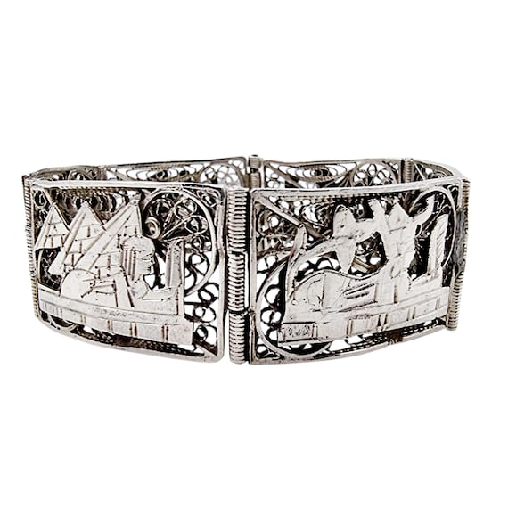 Vintage Egyptian Revival Silver Panel Bracelet – Handmade Filigree