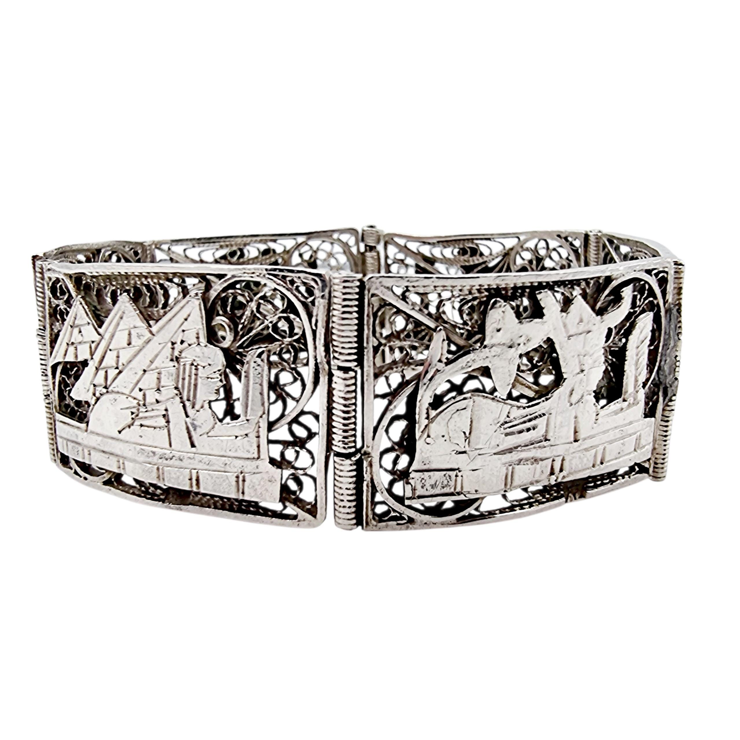 Vintage Egyptian Revival Silver Panel Bracelet – Handmade Filigree