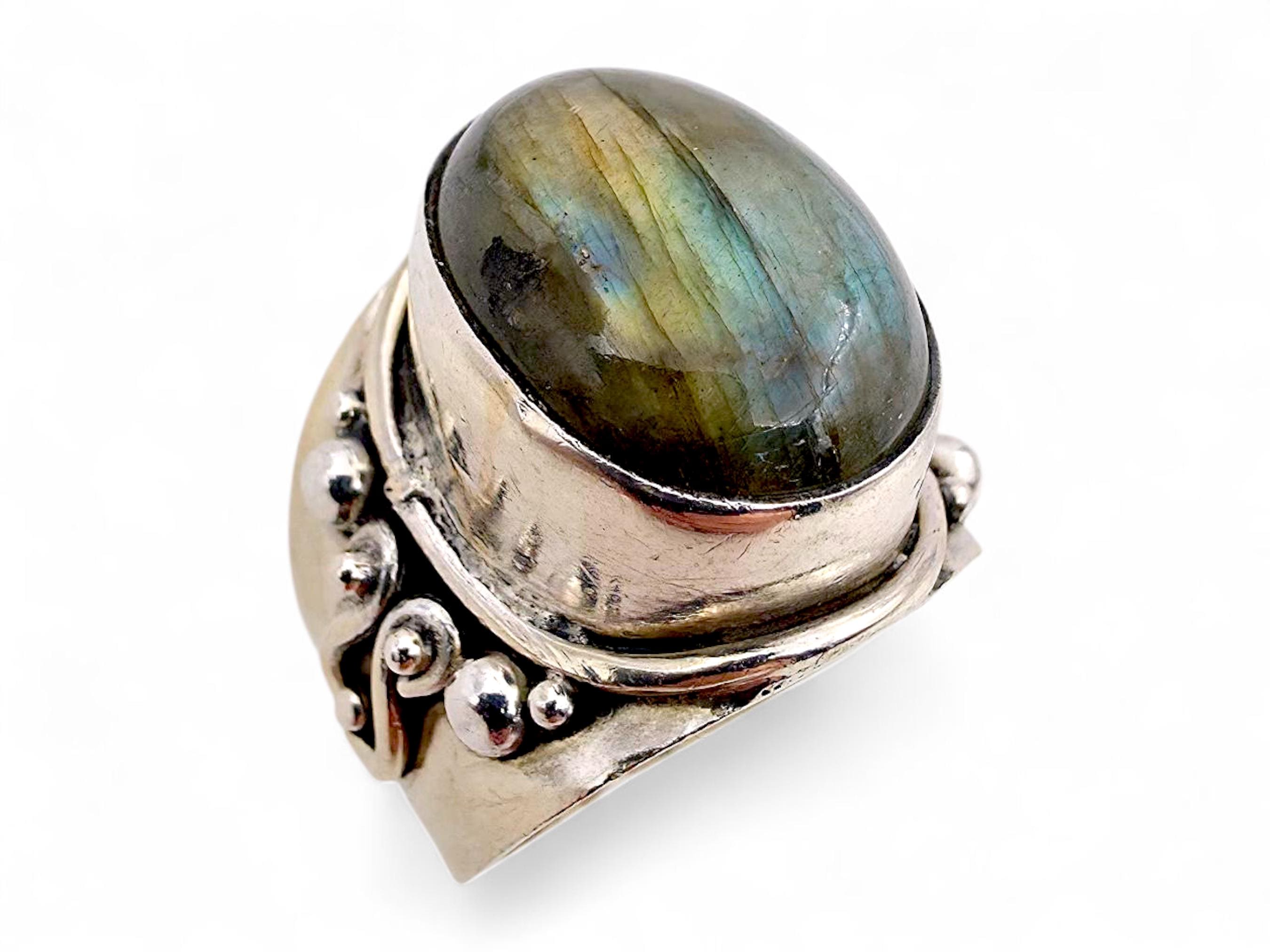 ヴィンテージシルバーラブラドライトリング、サイズ60、スターリング