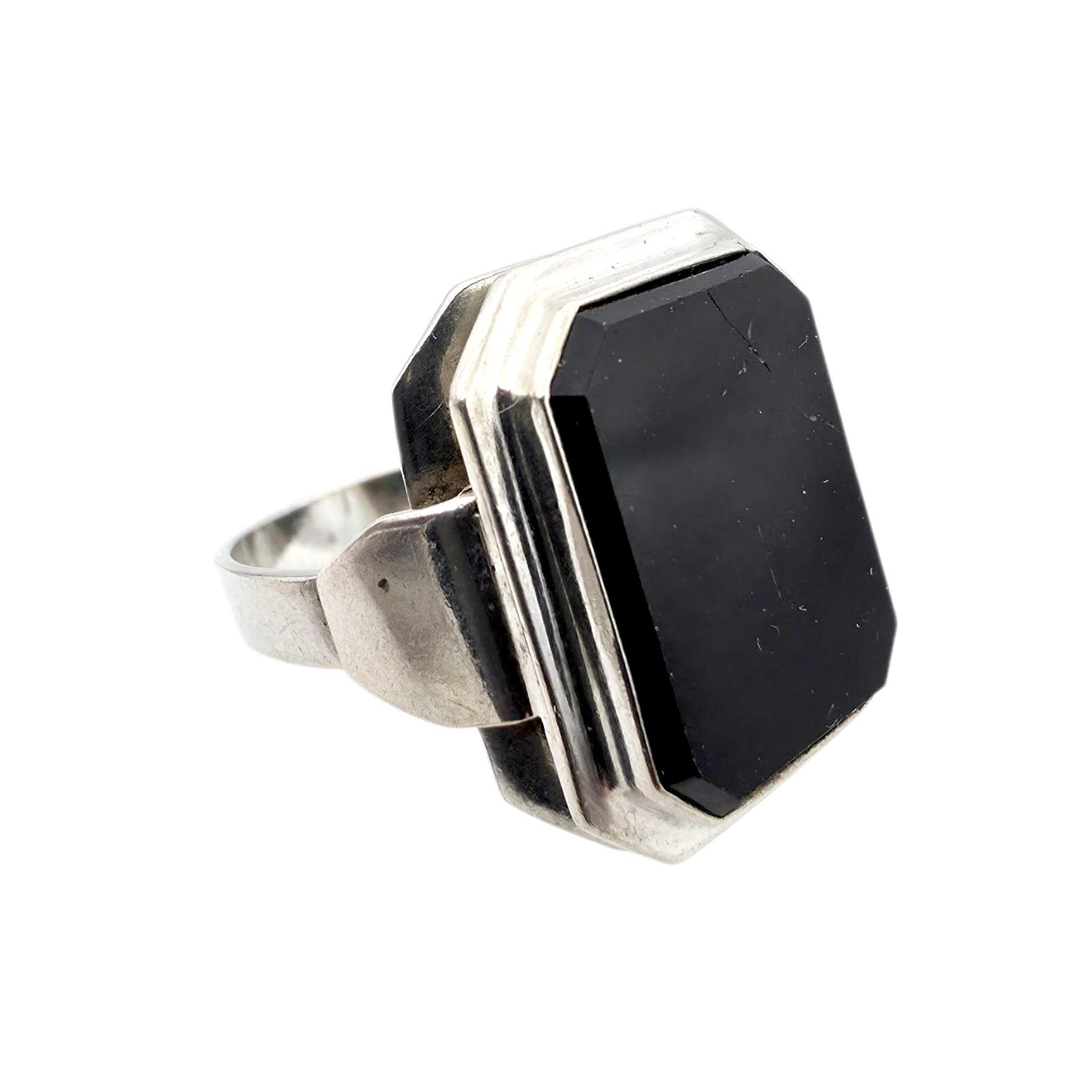 VINTAGE silver ring - black onyx 16号 Vintage Silver Ring With Black Onyx – Geometric Art Deco Style