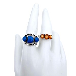 Vintage Turquoise & Amber Stone Rings Set in Sterling Silver – Boho Bohemian Style Statement Jewelry, Size 57