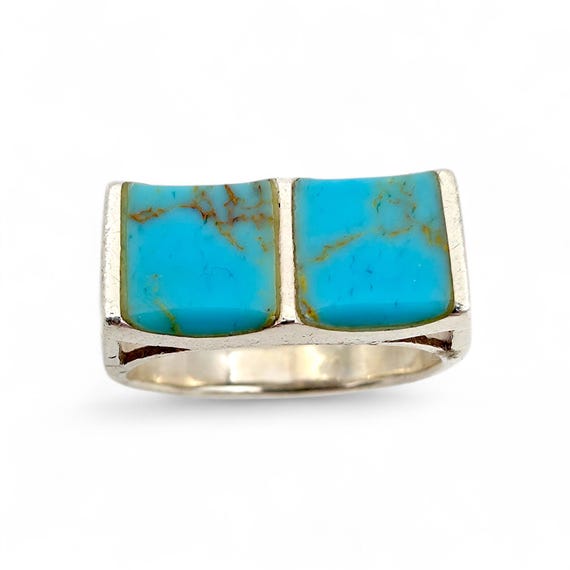 Vintage Silver Turquoise Ring Rectangular Inlay 7… - image 1
