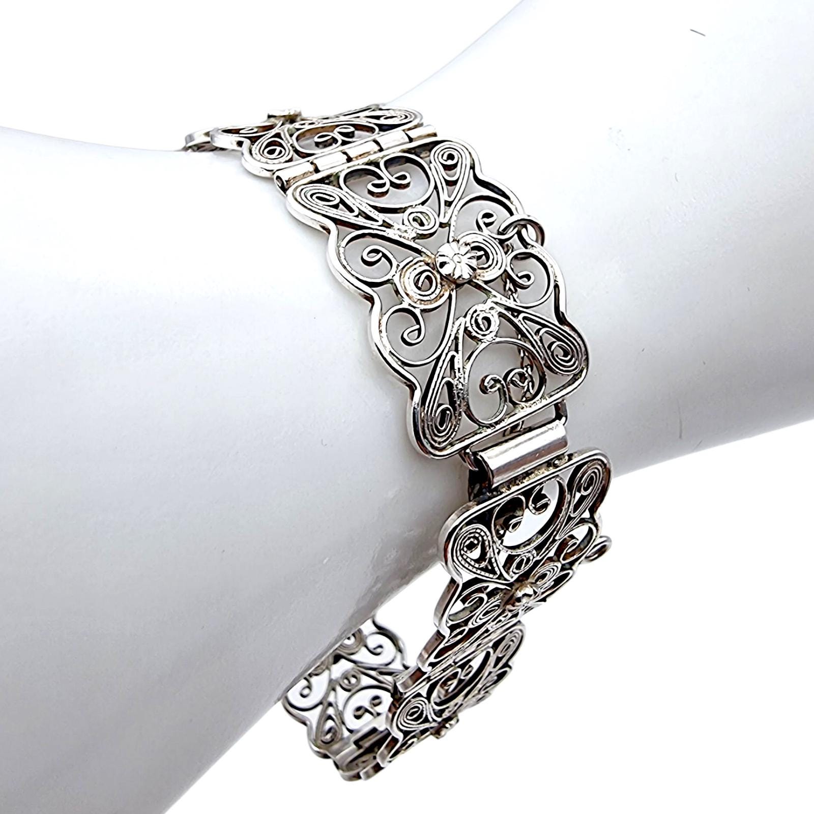 Vintage 835 Silver Filigree Bracelet, 1950s Portuguese Floral 