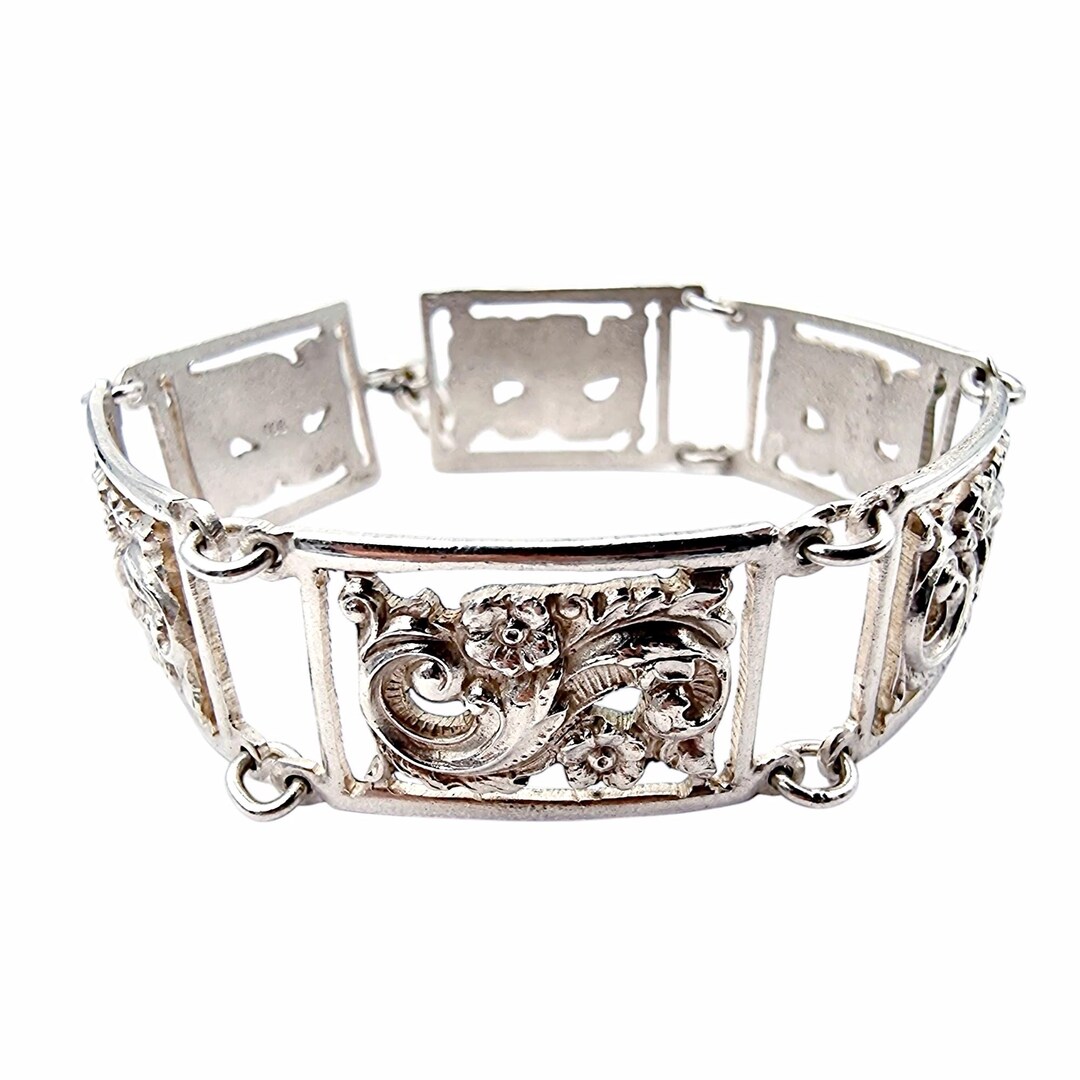 ヴィンテージスターリングシルバーブレスレット - 華やかな花柄と
