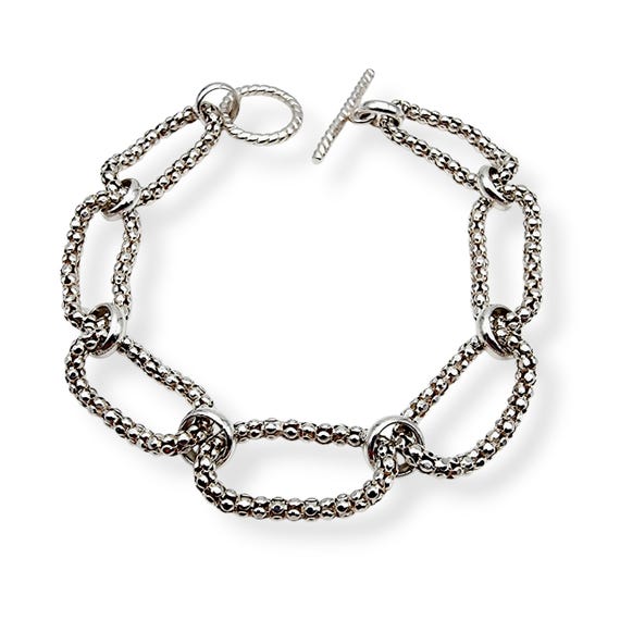 Silver Chain Link Bracelet, Modern Toggle Clasp, 925 Silver
