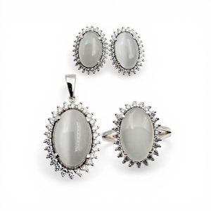 925 Silver Grey Moonstone Jewelry Set Ring Pendant Earrings Halo Design Size 65 (US 11) Statement Fine Jewelry