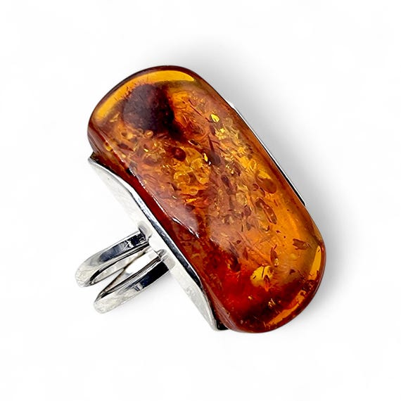 Vintage Silver Amber Ring Large Rectangular Table… - image 2
