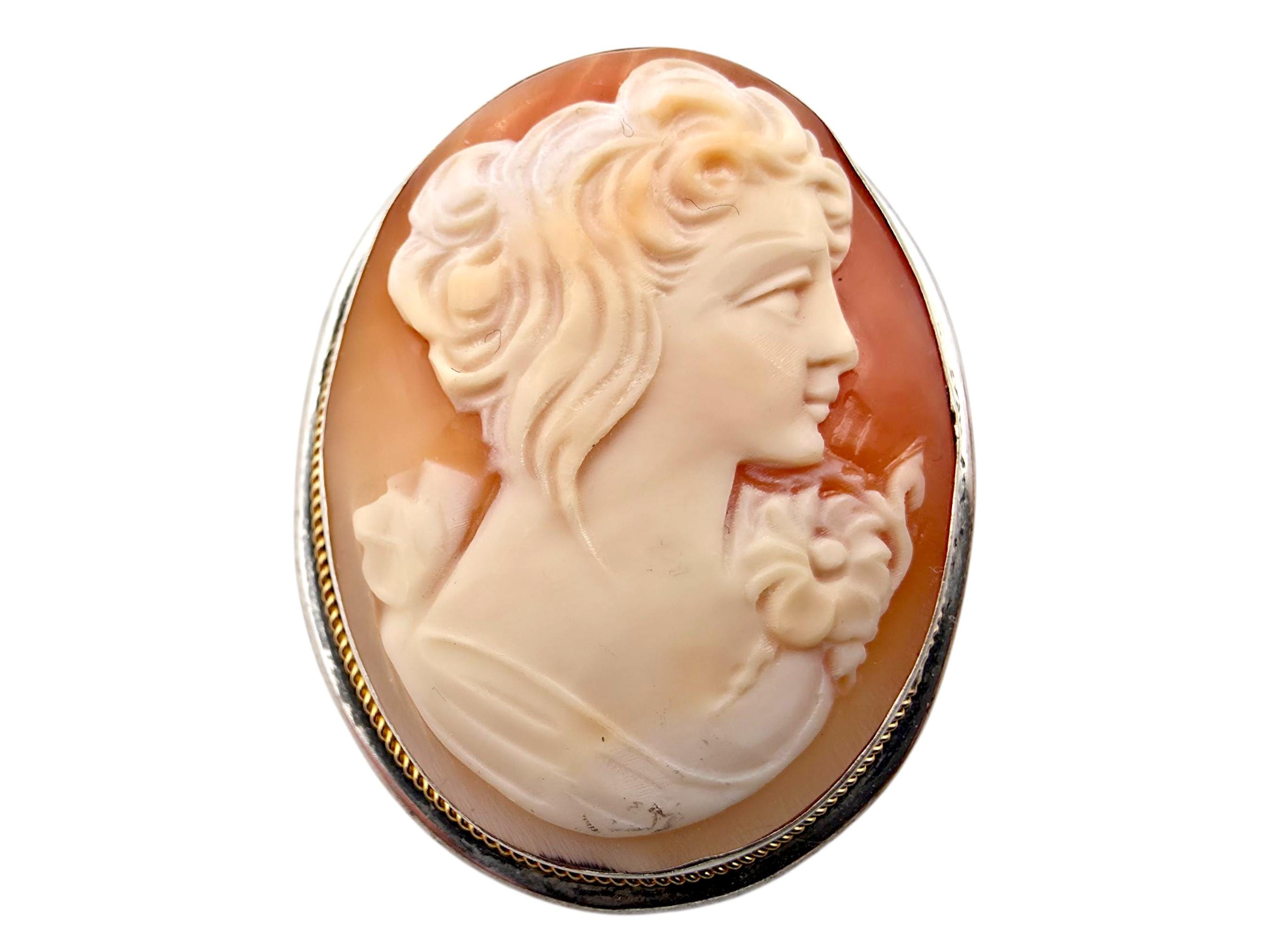 Vintage 800 Silver Shell Cameo Brooch Pendant | Hand-carved Woman