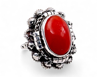 Vintage Silver Ring with Red Coral Cabochon, Ornate Mediterranean Design, 8.74g, Size EU 64 (US 10.5)