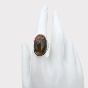 Puede incluir: Un anillo de plata con una gran piedra preciosa de forma ovalada. La piedra preciosa es una mezcla de colores marr&oacute;n, rojo y negro.