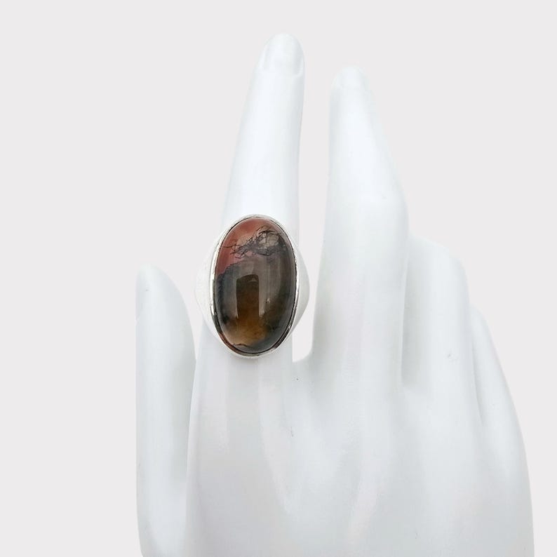 Puede incluir: Un anillo de plata con una gran piedra preciosa de forma ovalada. La piedra preciosa es una mezcla de colores marr&oacute;n, rojo y negro.