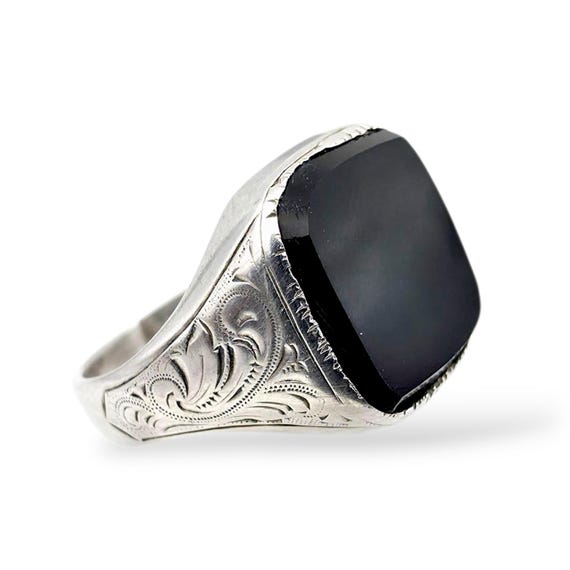 VINTAGE silver ring - black onyx 16号 Vintage Silver Signet Ring With Black Onyx – Engraved Details – EU