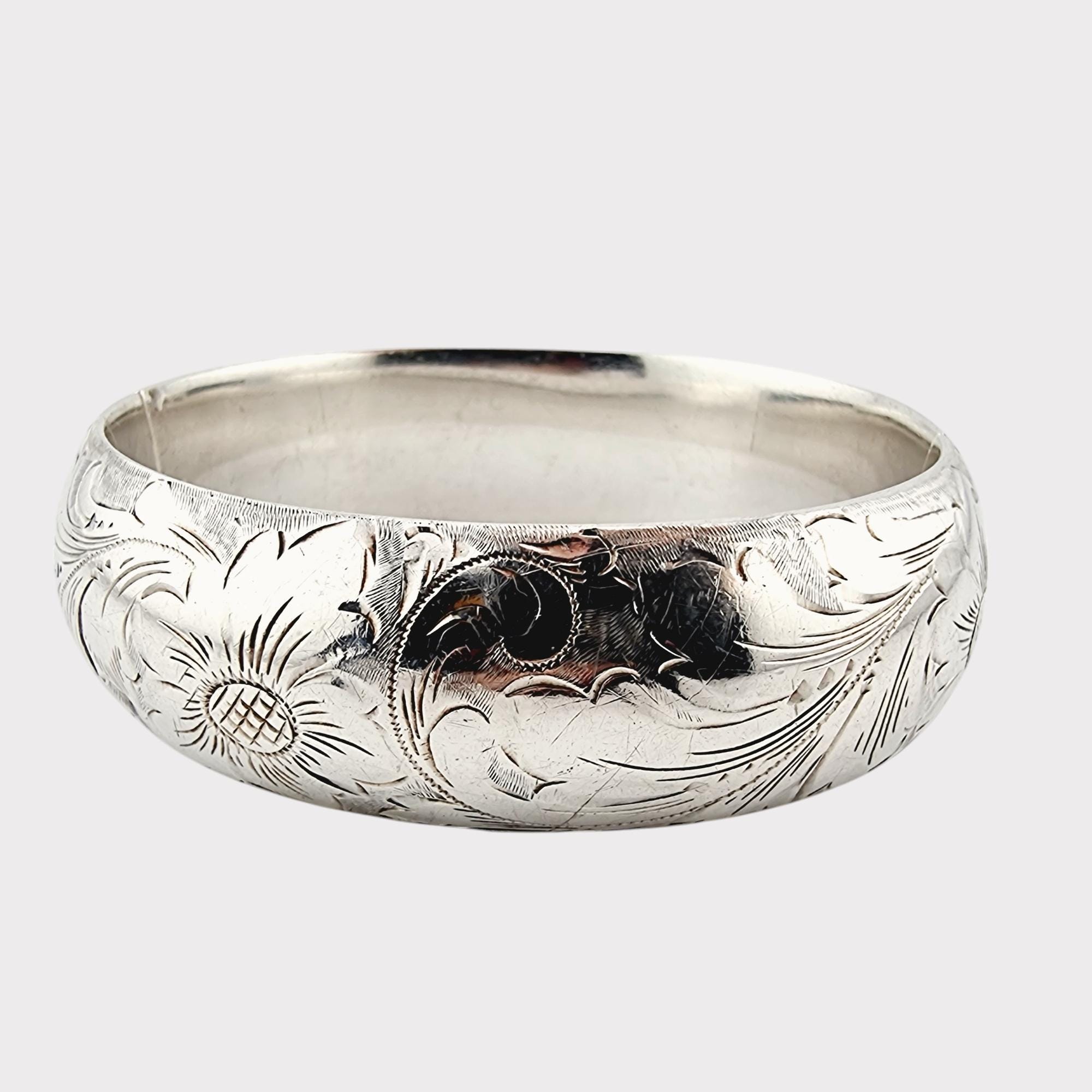 ヴィンテージ彫刻花柄シルバーバングルブレスレット、ユニークな職人の